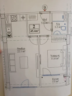 Sale new building 2 rooms 46 m²,  Insaatchilar m.